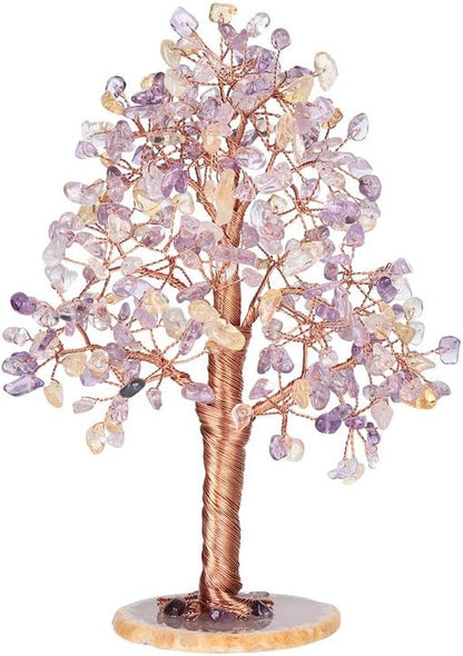 Natural Healing Crystal Tree of Prosperity Wire Wrapped on Agate Base Handmade Money Tree Bonsai Home Office Decoration for Good Luck, Amethyst and Citrine