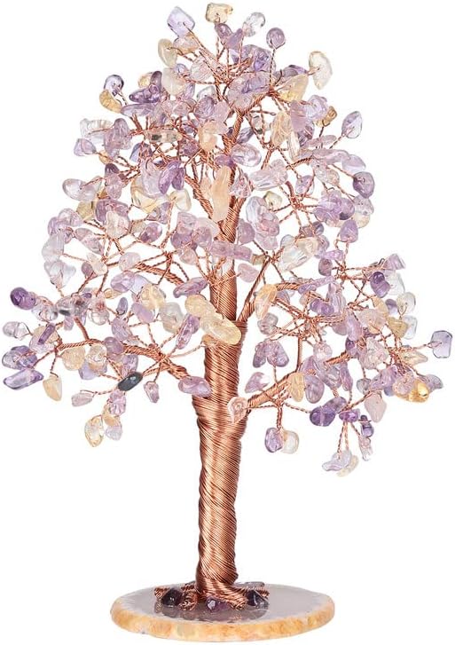 Natural Healing Crystal Tree of Prosperity Wire Wrapped on Agate Base Handmade Money Tree Bonsai Home Office Decoration for Good Luck, Amethyst and Citrine