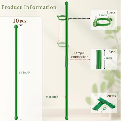 Plant Stakes 17 inch SupKing Support Stick Orchid Stakes with Clips 10Pcs Garden Plant Poles Extended to 3/4/5ft for Indoor Outdoor Potted Tomato Rose Amaryllis Vegetables Monstera Comes with 20 Ties