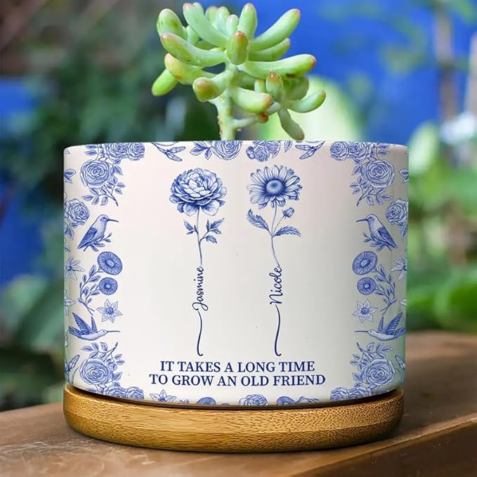Personalized Ceramic Plant Pot - Toile De Jouy Birth Flower Grow an Old Friend - Trendy France-China Inspired Design - Christmas Birthday Gift for Girl Friends Besties BFF Best Friend