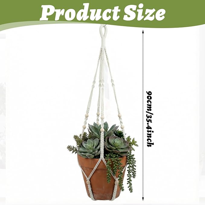 Large Macrame Plant Hanger with S Hook, 35 Inch Hanging Planters for Indoor Plants Outdoor, Extra Long Strong Hanging Plant Holder Basket Boho Home Decor(Ivory)