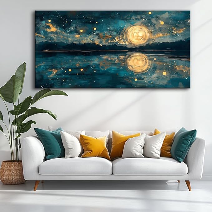 Moon Sea Ocean and Stars Canvas Wall Art -Moonrise at Sea Night Landscape Scene Printing, Blue & Gold Abstract Nature Artwork for Living Room, Bedroom & Coastal Home Décor, Ready to Hang 40L" x 20W"