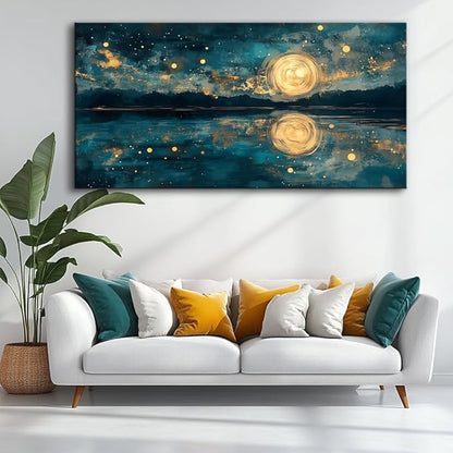 Moon Sea Ocean and Stars Canvas Wall Art -Moonrise at Sea Night Landscape Scene Printing, Blue & Gold Abstract Nature Artwork for Living Room, Bedroom & Coastal Home Décor, Ready to Hang 40L" x 20W"