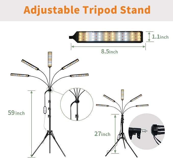 Grow Lights for Indoor Plants Full Spectrum, 5 Heads LED Plant Light with Auto On/Off Timer, 10-Level Dimming & Adjustable Stand for Houseplants, Home Gardeners