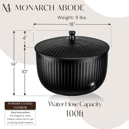 Monarch Abode Garden Hose Holder with Lid – Decorative Water Hose Holders for Outside, Ridge Embossed Metal Matte Black Pot with Drainage, 100ft Waterhose Holder for Outside, Garden Storage Caddy