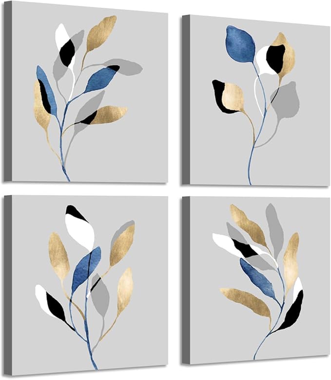 ARTISTIC PATH Leaf Artwork Nature Picture Painting: Branch with Golden Leaves, 4 Pieces Wall Decor Set (16" W x 16" H x 4 PCS,Multi-Sized)