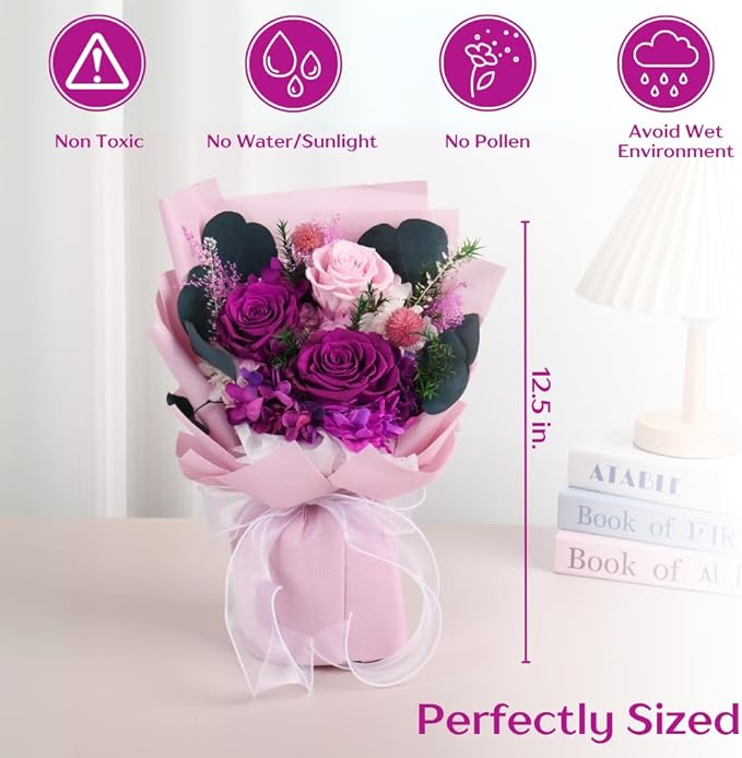 Vaanshie Forever Flowers Bouquet, Preserved Long Lasting Pink-Purple Roses Flower Bouquet for Valentine’s Day, Christmas, Anniversary, Birthday Gifts for Her Ideal for Mother's Day Gifting