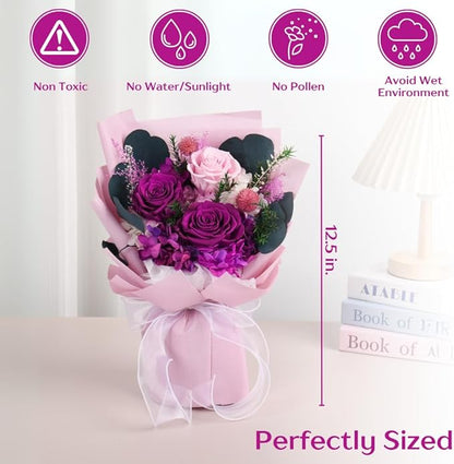 Vaanshie Forever Flowers Bouquet, Preserved Long Lasting Pink-Purple Roses Flower Bouquet for Valentine’s Day, Christmas, Anniversary, Birthday Gifts for Her Ideal for Mother's Day Gifting