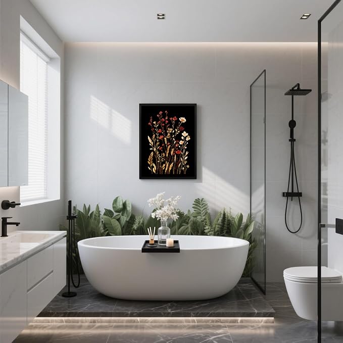 Framed Bathroom Wall Art Decor Canvas Art Wall Decor Framed Flower Wall Art Decor Pictures for Bathroom Bedroom Blooming in Dark Flowers Wall Decorations Hallway Over Bed Wall Art 16 x 20 Inchs