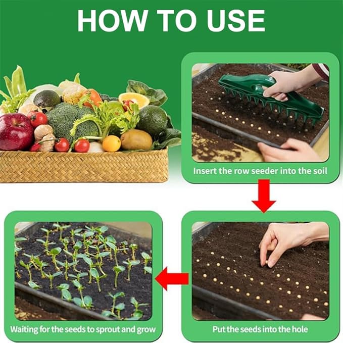 12-Hole Seed Planter Tool Kit – Adjustable 5-Speed Handheld Seed Spreader, Soil Punch & Spacer for Planting Small Seeds, ABS Gardening Tools (4-Piece Set: Digger, Rake, Planter, Transplanter)