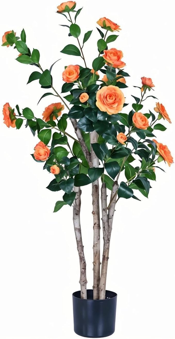 4ft Decorative Artificial Camellia Tree with Orange Flowers, Potted Faux Floral Plant, Realistic Blooming Fake Plants for Indoor Outdoor Home Front Door Planter Decor