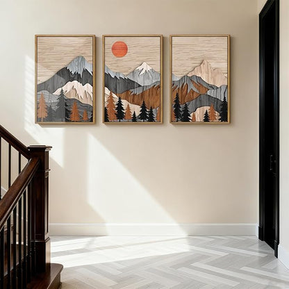 ANHUIB Mountain Wall Art 16x24 Inch Large Forest Wall Decor Woodcut Pine Tree Illustration Nature Wilderness Art Print Abstract Landscape Painting Set of 3 for Living Room Bedroom Office