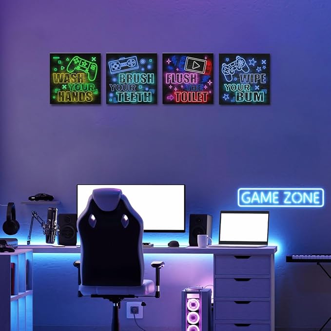 4 PCs Neon Gaming Wall Decor Canvas Wall Art Framed Art Game Room Decor Boys Room Decor Gaming Posters, Gamer Room Decor for Boys, Artwork for Walls Video Game Room Playroom Boys Bedroom Office Decor
