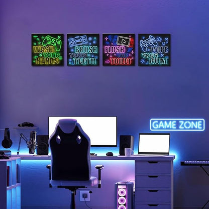 4 PCs Neon Gaming Wall Decor Canvas Wall Art Framed Art Game Room Decor Boys Room Decor Gaming Posters, Gamer Room Decor for Boys, Artwork for Walls Video Game Room Playroom Boys Bedroom Office Decor