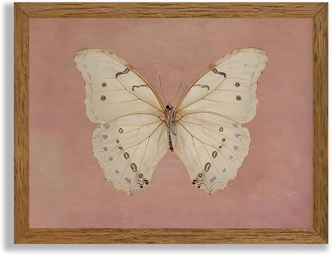 Wojuin Framed Pink Vintage Butterfly Canvas Wall Art, Neutral Moody Insect Farmhouse Wall Decor, Antique White Moth Aesthetic Poster Print for Living Room Bedroom Bathroom Dorm Office 8x10 in