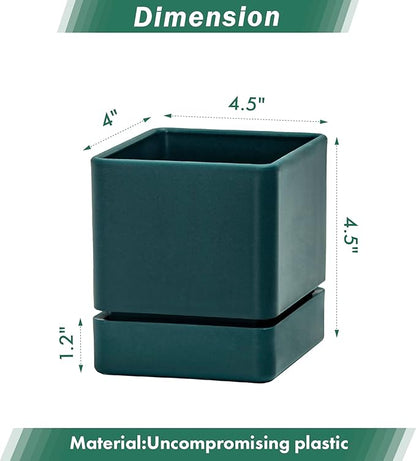 D'vine Dev 4 Inch Herb Planter Pot, Plastic Planter with Drainage Holes and Saucer, Modern Decorative Gardening Pot for Indoor Plants, Flowers, Herbs, Succulents, Green, Set of 1, 76-Y-C-1