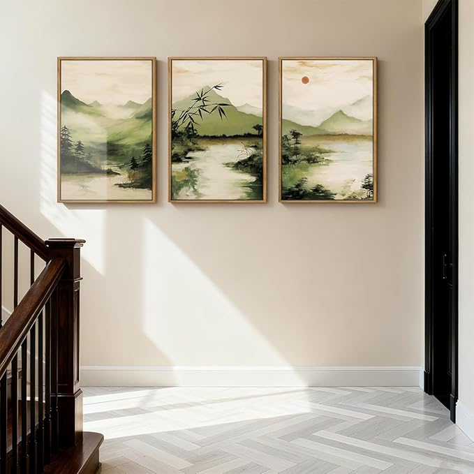 ANHUIB Green Mountain Wall Art Japanese Misty Landscape Wall Decor Foggy Forest Painting 16x24 Inch for Living Room Bedroom Bathroom