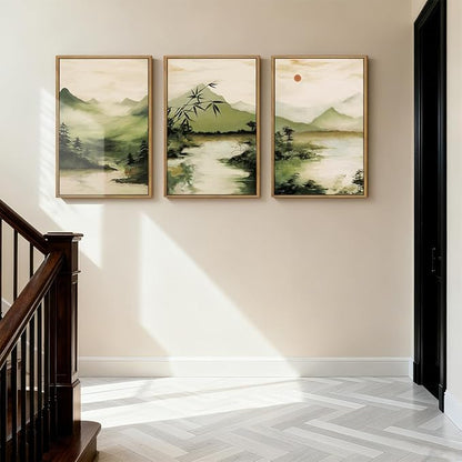 ANHUIB Green Mountain Wall Art Japanese Misty Landscape Wall Decor Foggy Forest Painting 16x24 Inch for Living Room Bedroom Bathroom