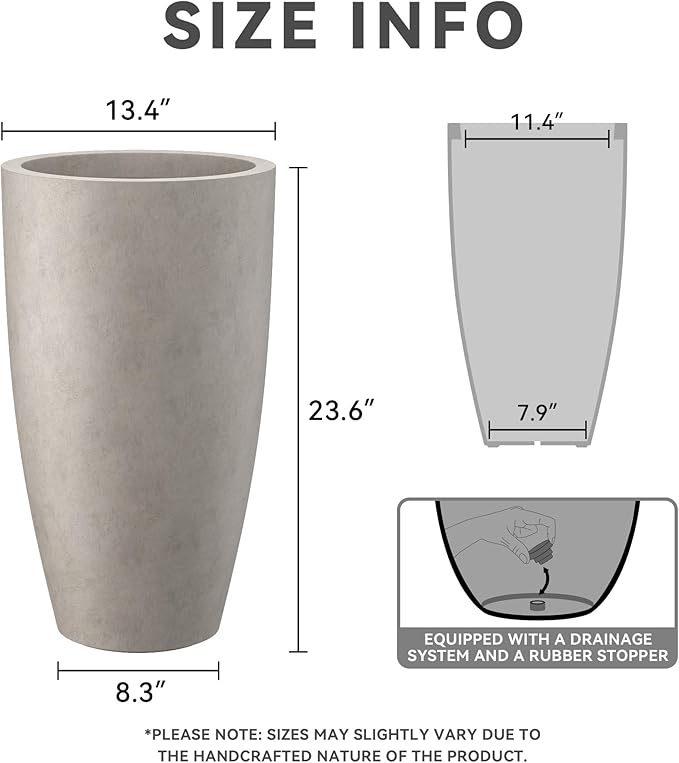 Kante 23.6" H Weathered Concrete Finish Concrete Tall Planters Large Outdoor Indoor Decorative Plant Pots with Drainage Hole and Rubber Plug, Modern Tapered Style for Home and Garden