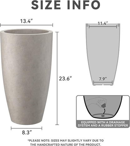 Kante 23.6" H Weathered Concrete Finish Concrete Tall Planters Large Outdoor Indoor Decorative Plant Pots with Drainage Hole and Rubber Plug, Modern Tapered Style for Home and Garden