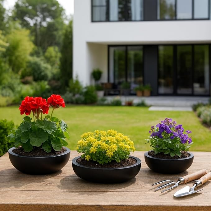 Set of 3 Decorative Resin Planter Pots – Minimalist Sleek Finish Design – Indoor Outdoor Plant Holders – Contemporary Modern Pot Set for Living Room, Entryway, Patio or Garden – 6", 5", 4", Black