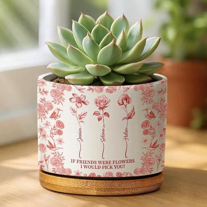 Personalized Ceramic Plant Pot - Toile De Jouy Birth Flower Grow an Old Friend - Trendy France-China Inspired Design - Christmas Birthday Gift for Girl Friends Besties BFF Best Friend