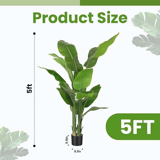 Artificial Bird of Paradise Plant, 6FT Faux Palme Trees Tree for Indoor and Outdoor, Artificial Plants with Basic Planter, Suitable for Home, Bathroom, Porch Outside Patio Decor