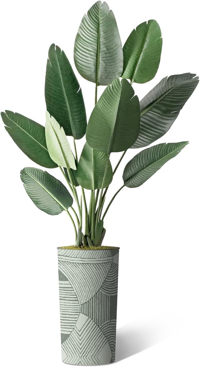 Artificial Tree in Geometric Pattern Planter, Fake Bird of Paradise Silk Tree for Indoor and Outdoor Home Decoration - 67" Overall Tall (Plant Pot Plus Tree)