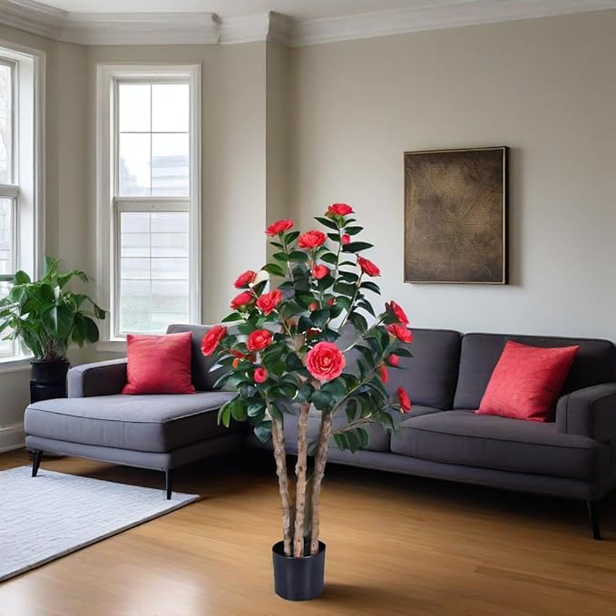 4ft Decorative Artificial Camellia Tree with Red Flowers, Potted Faux Floral Plant, Realistic Blooming Fake Plants for Indoor Outdoor Home Front Door Planter Decor