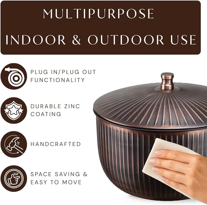Monarch Abode Garden Hose Holder with Lid – Decorative Water Hose Holders for Outside, Ridge Embossed Metal Antique Copper Pot with Drainage, 100ft Waterhose Holder for Outside, Garden Storage Caddy