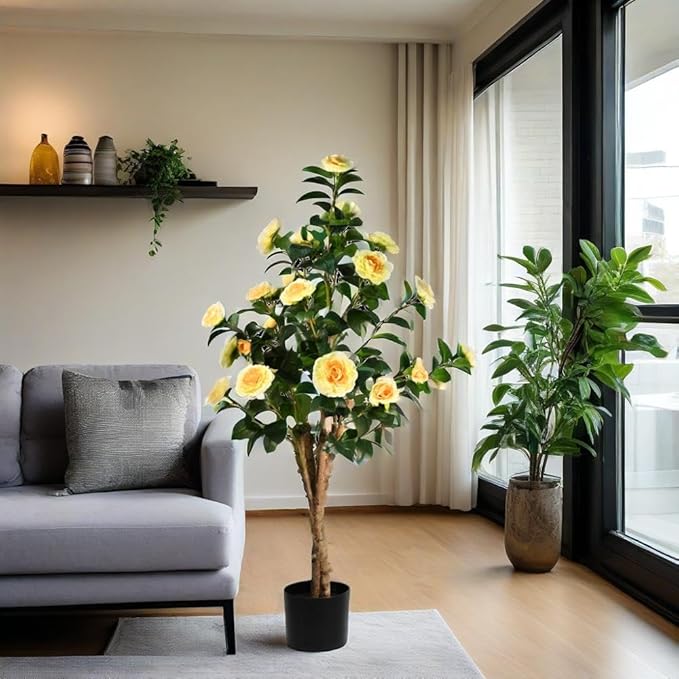 4ft Decorative Artificial Camellia Tree with Yellow Flowers, Potted Faux Floral Plant, Realistic Blooming Fake Plants for Indoor Outdoor Home Front Door Planter Decor