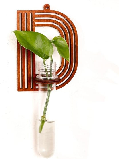 Wood Letter Wall Planter Terrariums Propagation Station with Test Tube Clear Flower Vase for Hydroponics Custom Vertical Garden Walnut DIY Home Decor Hanging Plant Holder Alphabet D