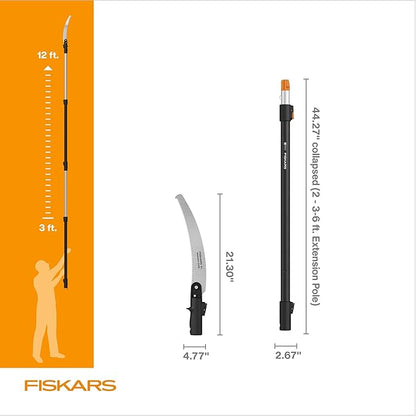 Fiskars XtendControl 12' Extendable Tree Pruner, Adjustable Pole Saw Branch Trimmer with 15" X1 Saw, 3-6' Extension Poles, and Secure Locking System for Precision Cutting