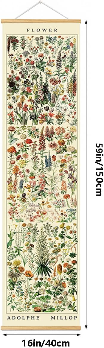 BAEMEFLE Vintage Flowers Poster Hanger Frame, Plant Floral Reference Chart Wall Decor Cottagecore Room Decor Aesthetic, Retro Style Wall Decor Art Painting Prints. (Long grass, 63L x 16W)