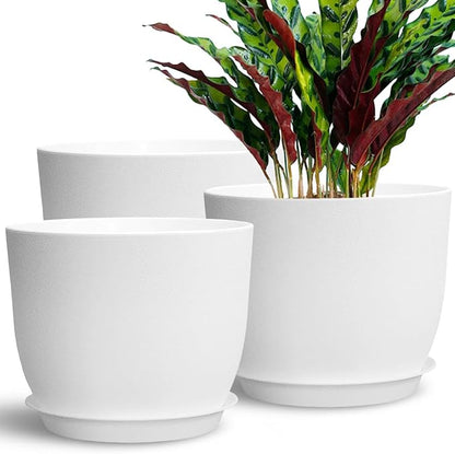 Plant Planters Pots 3 Pack 10 Inch Plant Pots, Plastic Plant Pots with Drainage Hole and Saucers Large Indoor Flower Pot for Indoor Plants,White