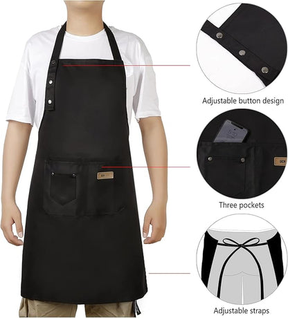 Adjustable Button Apron for Women Men Artist Painting Pottery Garden Cooking Kitchen Chef 3 Pockets Waterproof M-XXL