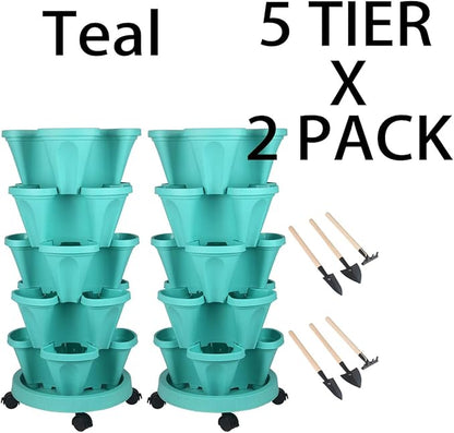 GameXcel Vertical Planter 5 Tier Stackable Planters Garden Planters Strawberry Herb Flower and Vegetable Planter Indoor Outdoor Gardening Pots with Removable Wheels and Tools