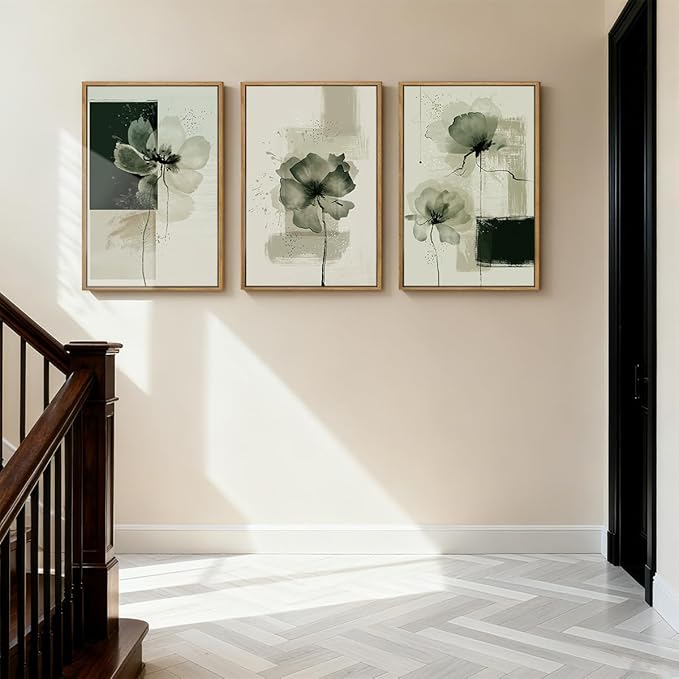 ANHUIB Black Neutral Floral Wall Art 16x24 Inch Abstract Flower Wall Decor Waterolor Painting Set of 3 for Living Room Bedroom Bathroom
