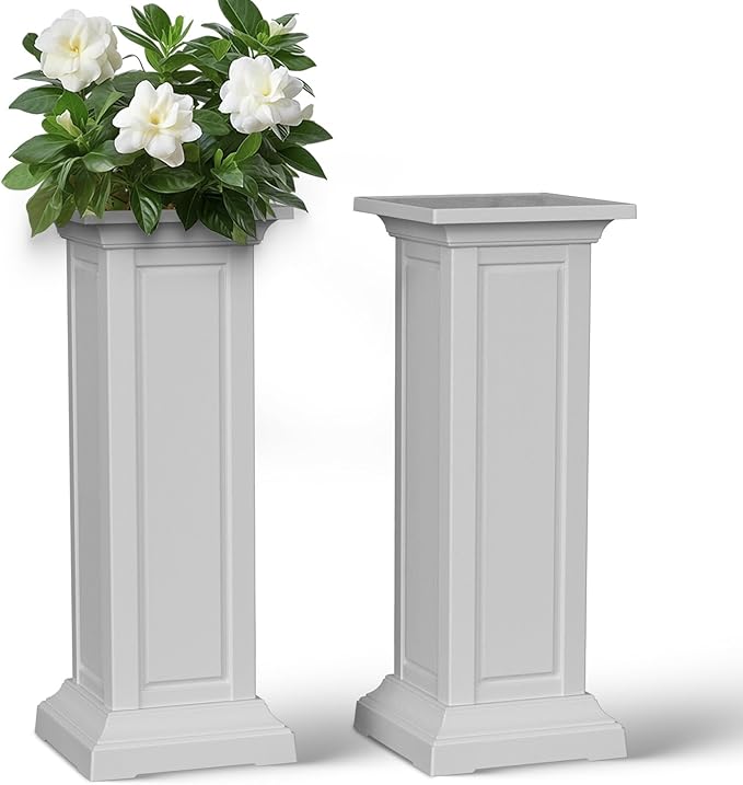 36in Tall Resin Planter Set of 2,Large Outdoor Planter for Porch, Garden, and Balcony, Weight-Bearing Top, Weather-Resistant, Classic Estate Design for Flowers and Trees(Ashen)