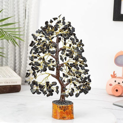 WC Black Tourmaline Chakra Tree of Life - Crystal Tree for Positive Energy, Handmade Gemstone Tree Good Luck Balck Healing Crystals for Sacral Chakra, Prosperity Gift Feng Shui Decor (300 Beads)