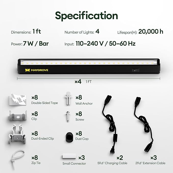 Grow Lights for Indoor Plants 1FT, Sun-Like Full Spectrum 5000K Grow Light, 28W(4 x 7W), T5 LED Grow Light Strips for Indoor Plants and Flowers, High PPFD, Linkable, Black, 4-Pack