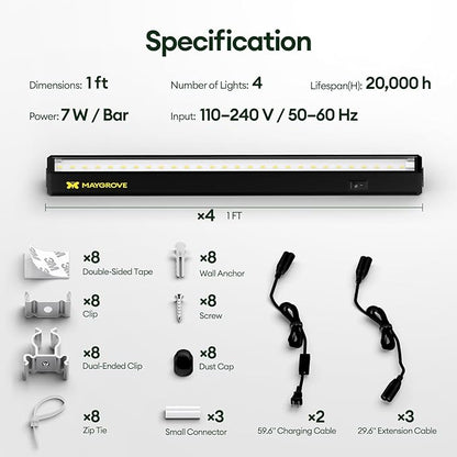 Grow Lights for Indoor Plants 1FT, Sun-Like Full Spectrum 5000K Grow Light, 28W(4 x 7W), T5 LED Grow Light Strips for Indoor Plants and Flowers, High PPFD, Linkable, Black, 4-Pack