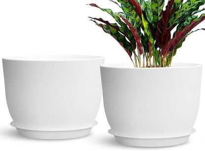Plant Pots 12 Inch Set of 2, Outdoor Indoor Flower Pots Plastic Planters with Holes and Saucers, Modern House Office Garden Decorative,Simplicity White Color