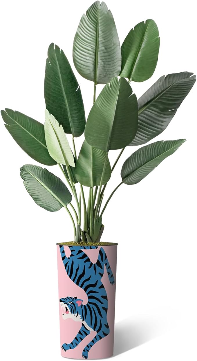 Artificial Tree in Contemporary Tiger Pattern Planter, Fake Bird of Paradise Silk Trees for Indoor and Outdoor Home Decoration - 67" Overall Tall (Plant Pot Plus Tree)