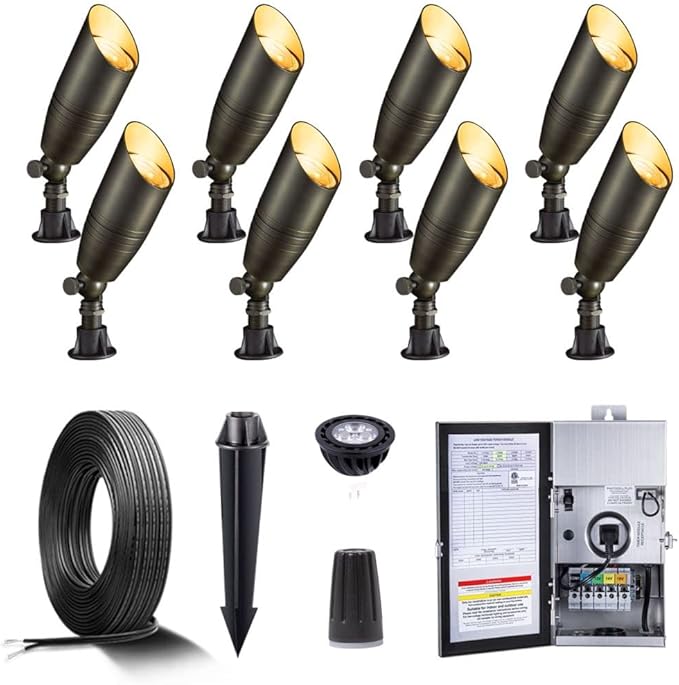 Gardenreet Brass Low Voltage Landscape Spotlights(8 Pack) Kit 12V LED with 150W Low Voltage Transformer and Mechanical Timer and 100 Feet Wire and 40Pack Connectors for Outdoor House Garden Patio