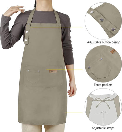 Adjustable Button Apron for Women Men Artist Painting Pottery Garden Cooking Kitchen Chef 3 Pockets Waterproof M-XXL