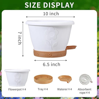 Plant Pots, Flower Pots for Indoor/Outdoor Plants, Self Watering Plastic Planters Pots with Drainage Holes, Saucer & Reservoir, Decorative Nursery Planting Pots(10 Inch Set of 4)