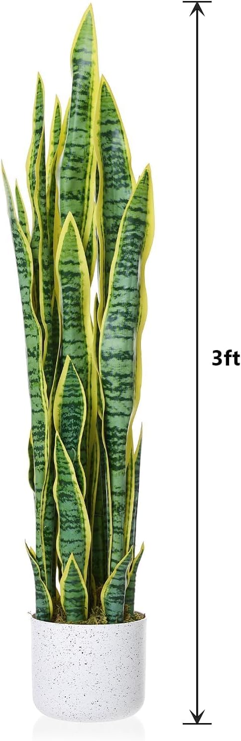Realistic 3 ft Artificial Snake Plant in Stable Cement Pot – Large Fake Snake Plant with Soft, Flexible Leaves, No Maintenance Fake Plant Perfect for Living Rooms, Hallways, and Offices