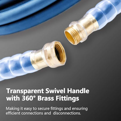 Heavy Duty Premium Garden Hose 75ft x 5/8", 300PSI Working, 1000PSI Burst, Hybrid Rubber Water Hose with Transparent Swivel Handle - Hot/Cold Water - Five Layered Braiding with Brass fittings (Blue)