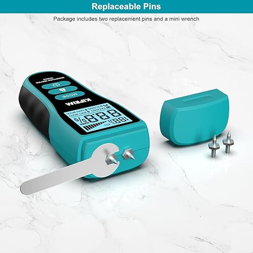 Kiprim Pin-Type Moisture Meter for Wood, Wall, Packing, Building – Digital Moisture Detector with LCD Display, Temperature (°C/°F), Hold Function, 4 Material Modes, Replacement Pins Included WM02